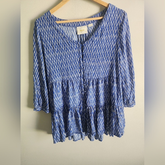 Anthropologie Maeve Lila Tunic blouse Top blue Women Sm Button Tiered Boho poet - Picture 2 of 8